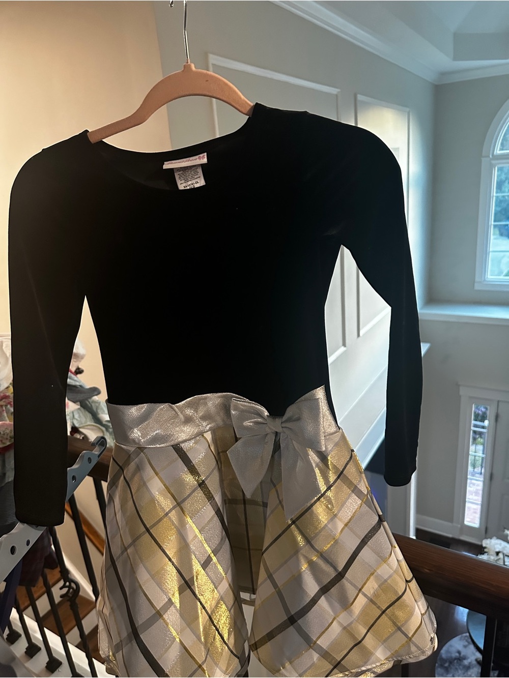 Bonnie Jean Black Velvet Top with Gold Plaid Skirt and Silver Bow